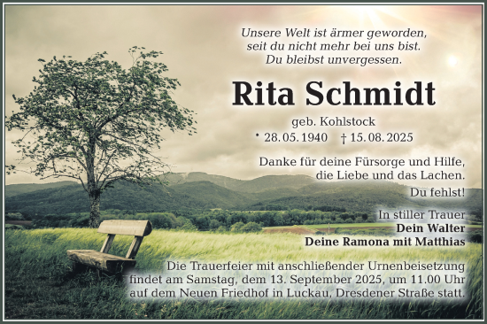 Traueranzeige von Rita Schmidt von Lausitzer Rundschau