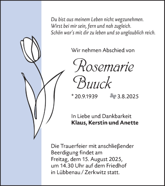 Traueranzeige von Rosemarie Buuck von Ausg. LR Spreewald RS