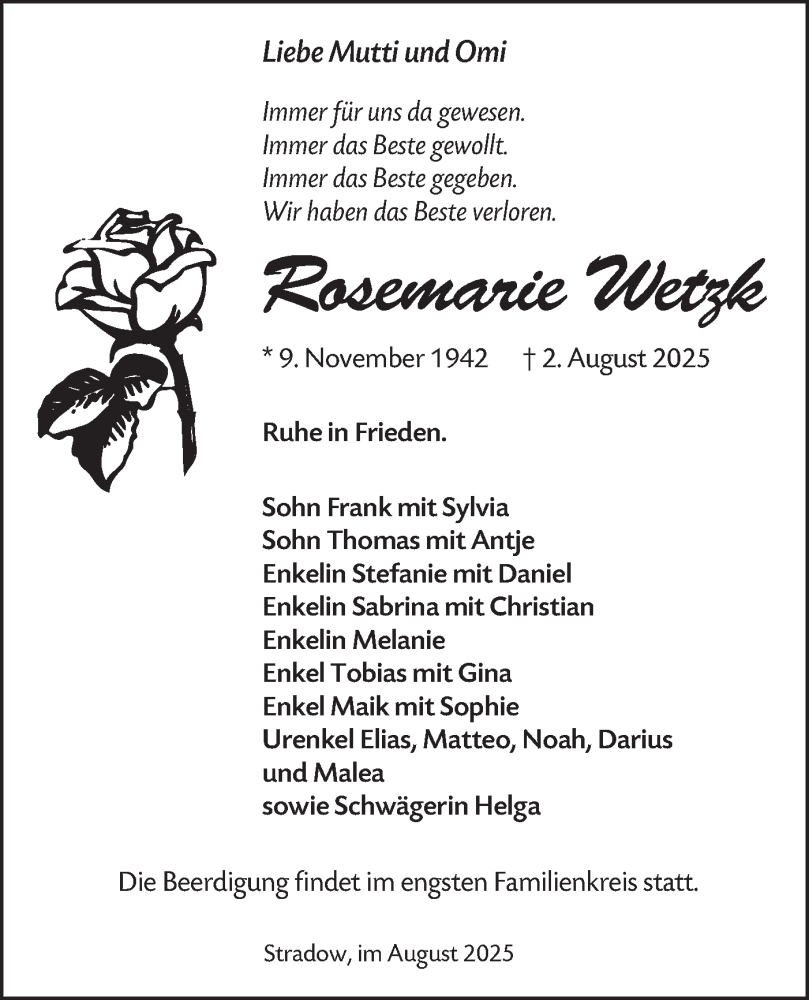  Traueranzeige für Rosemarie Wetzk vom 09.08.2025 aus Lausitzer Rundschau