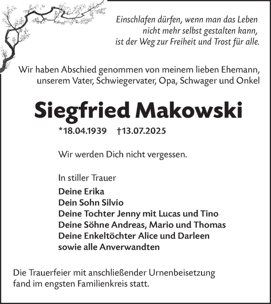 Traueranzeige von Siegfried Makowski von Lausitzer Rundschau