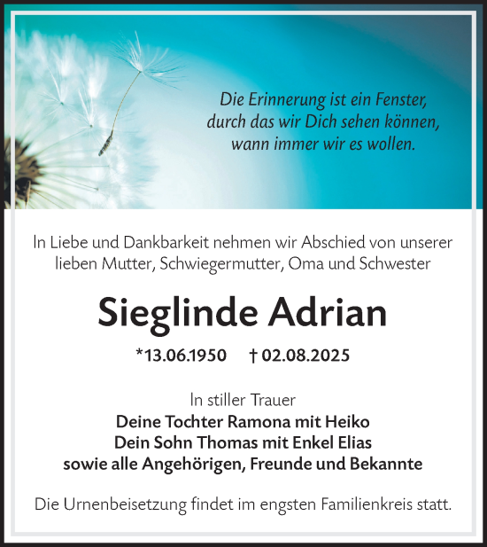 Traueranzeige von Sieglinde Adrian von Lausitzer Rundschau