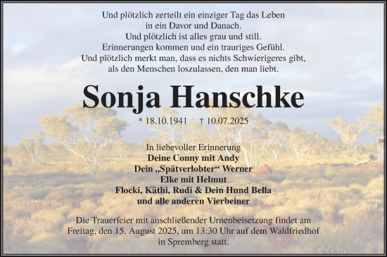 Traueranzeige von Sonja Hanschke von Lausitzer Rundschau