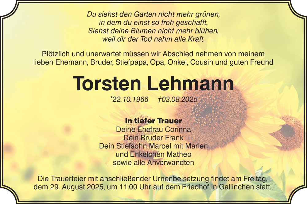  Traueranzeige für Torsten Lehmann vom 16.08.2025 aus Lausitzer Rundschau