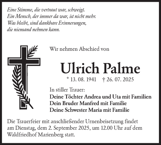 Traueranzeige von Ulrich Palme von Lausitzer Rundschau
