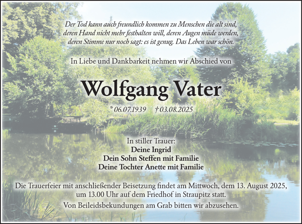  Traueranzeige für Wolfgang Vater vom 09.08.2025 aus Lausitzer Rundschau