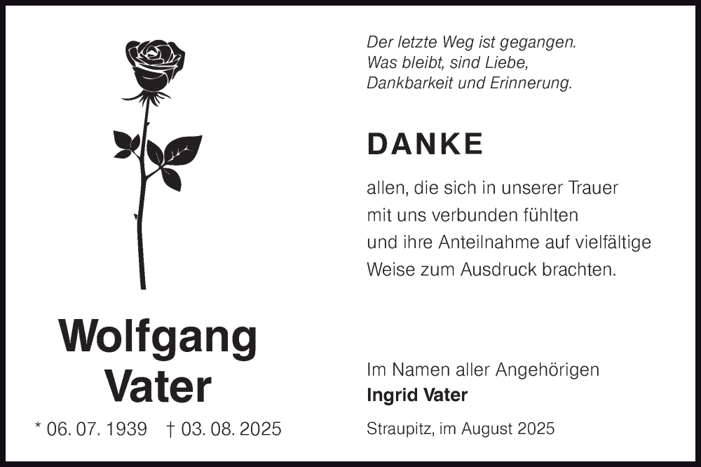  Traueranzeige für Wolfgang Vater vom 30.08.2025 aus Lausitzer Rundschau