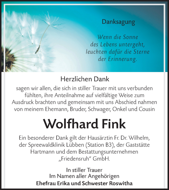 Traueranzeige von Wolfhard Fink von Lausitzer Rundschau
