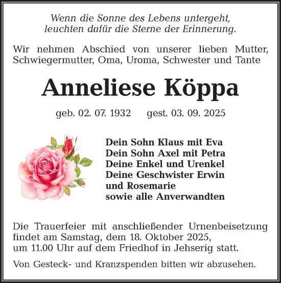 Traueranzeige von Anneliese Köppa von Lausitzer Rundschau