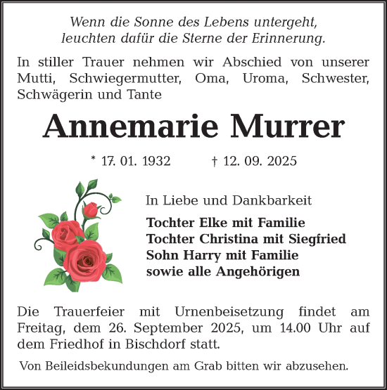 Traueranzeige von Annemarie Murrer von Lausitzer Rundschau