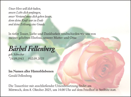 Traueranzeige von Bärbel Fellenberg von Ausg. LR Spreewald RS