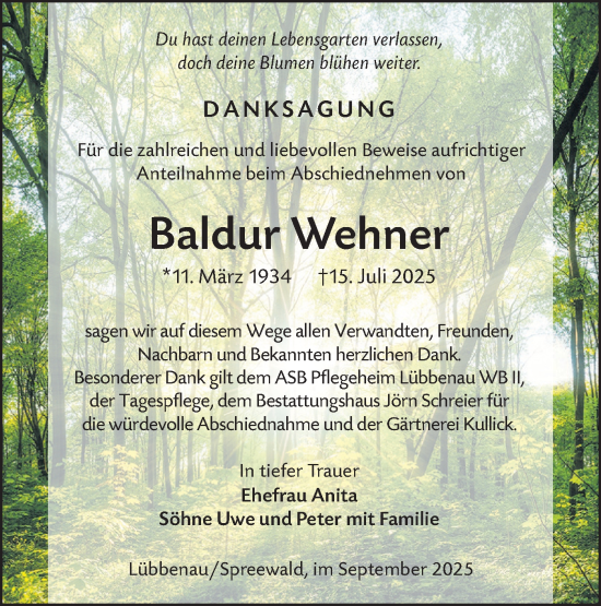 Traueranzeige von Baldur Wehner von Lausitzer Rundschau