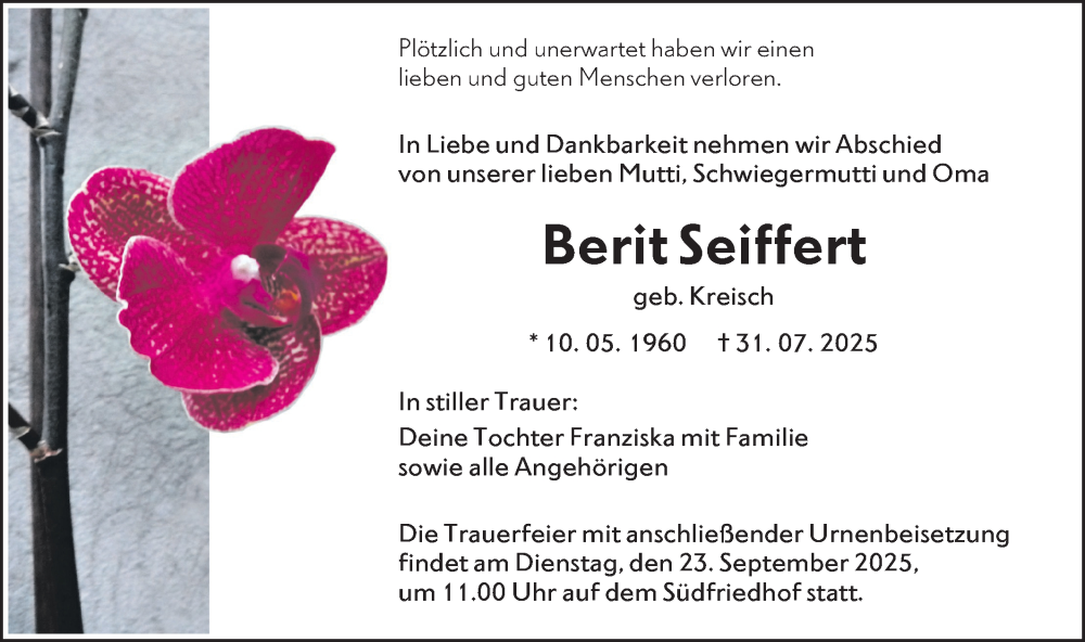  Traueranzeige für Berit Seiffert vom 13.09.2025 aus Lausitzer Rundschau