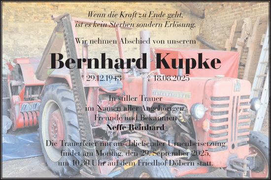Traueranzeige von Bernhard Kupke von Lausitzer Rundschau