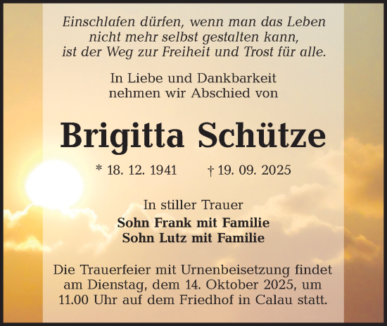 Traueranzeige von Brigitta Schütze von Lausitzer Rundschau