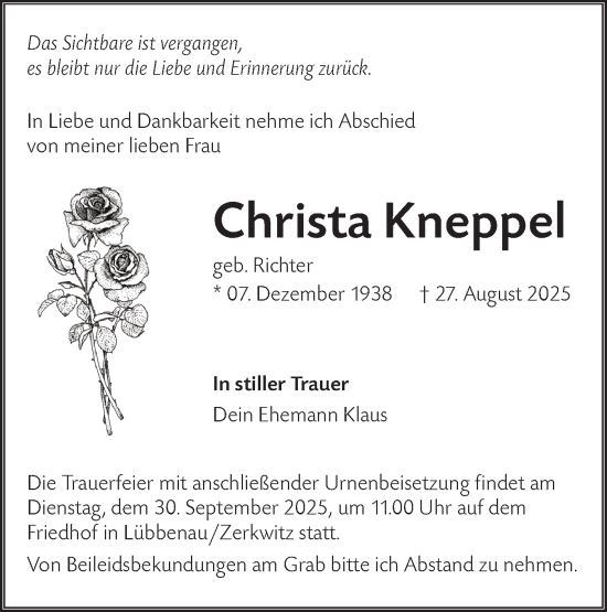 Traueranzeige von Christa Kneppel von Ausg. LR Spreewald RS