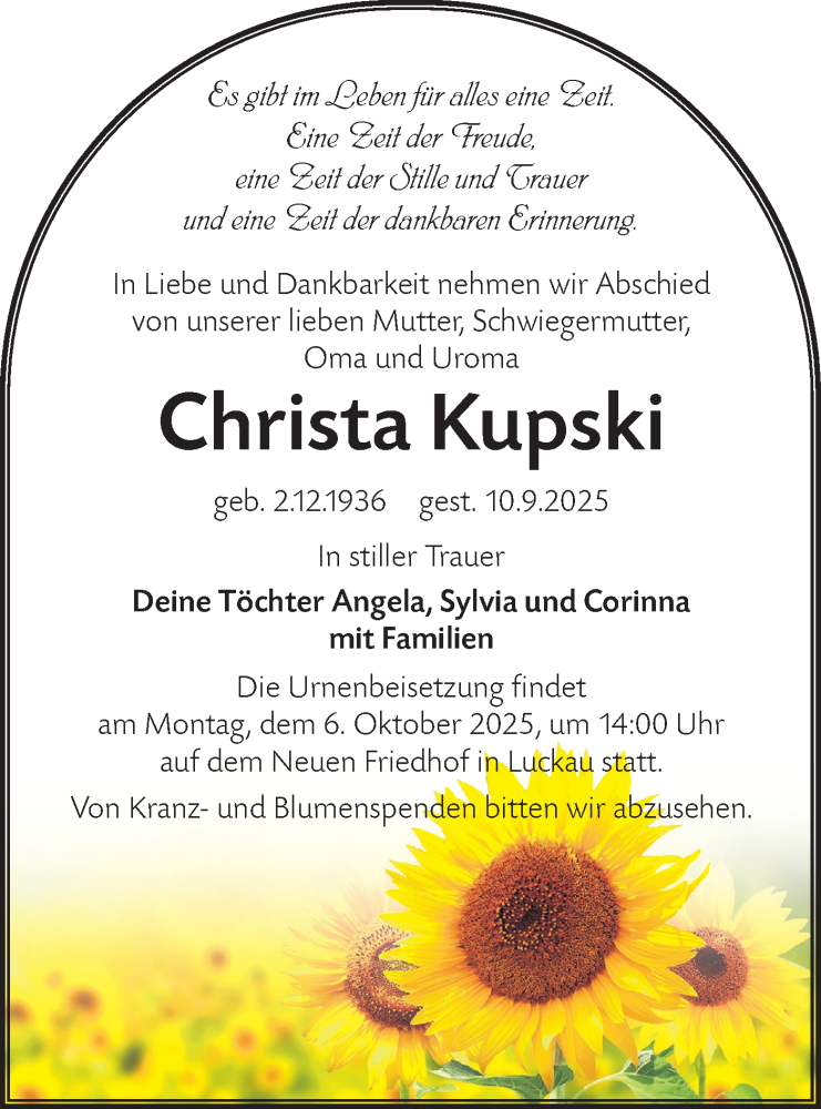  Traueranzeige für Christa Kupski vom 20.09.2025 aus Lausitzer Rundschau