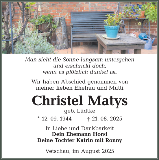 Traueranzeige von Christel Matys von Lausitzer Rundschau