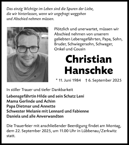 Traueranzeige von Christian Hanschke von Ausg. LR Spreewald RS