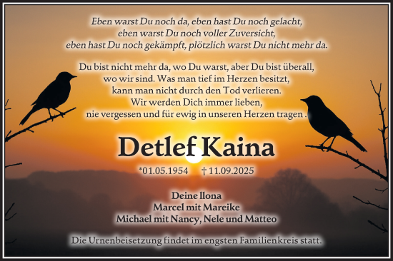 Traueranzeige von Detlef Kaina von Ausg. LR Spreewald RS