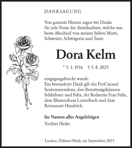 Traueranzeige von Dora Kelm von Lausitzer Rundschau