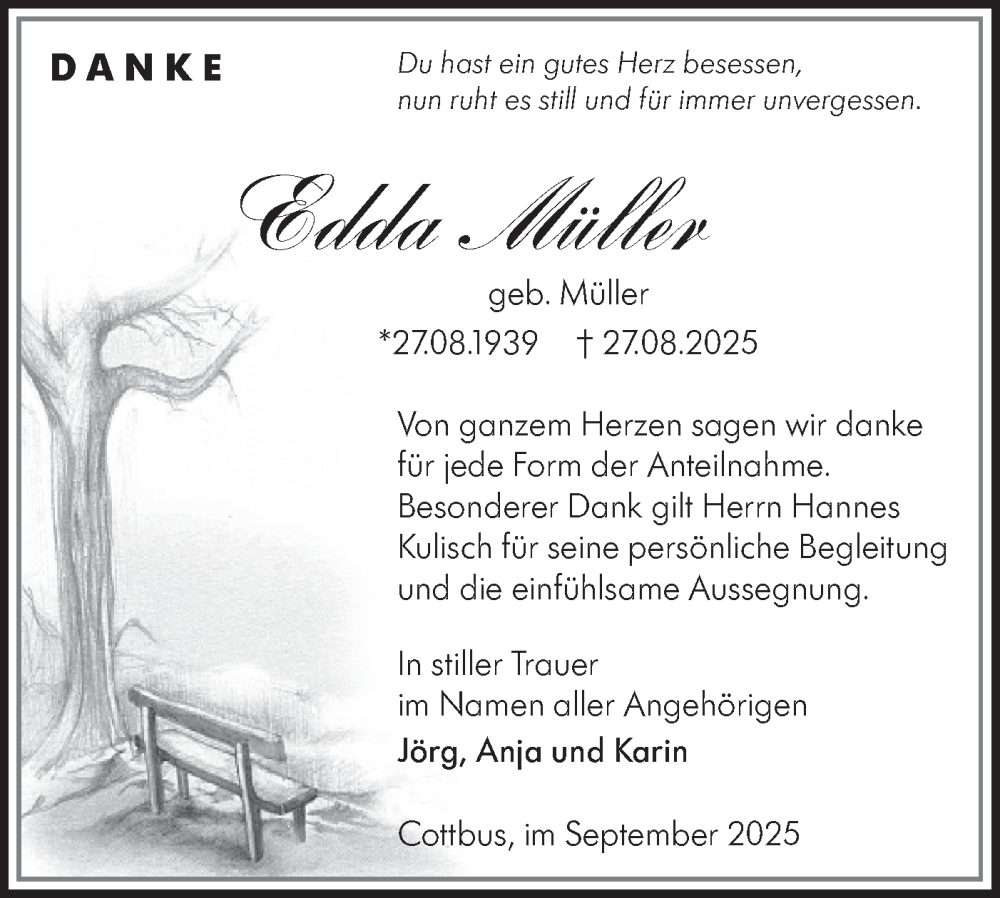  Traueranzeige für Edda Müller vom 06.09.2025 aus Lausitzer Rundschau