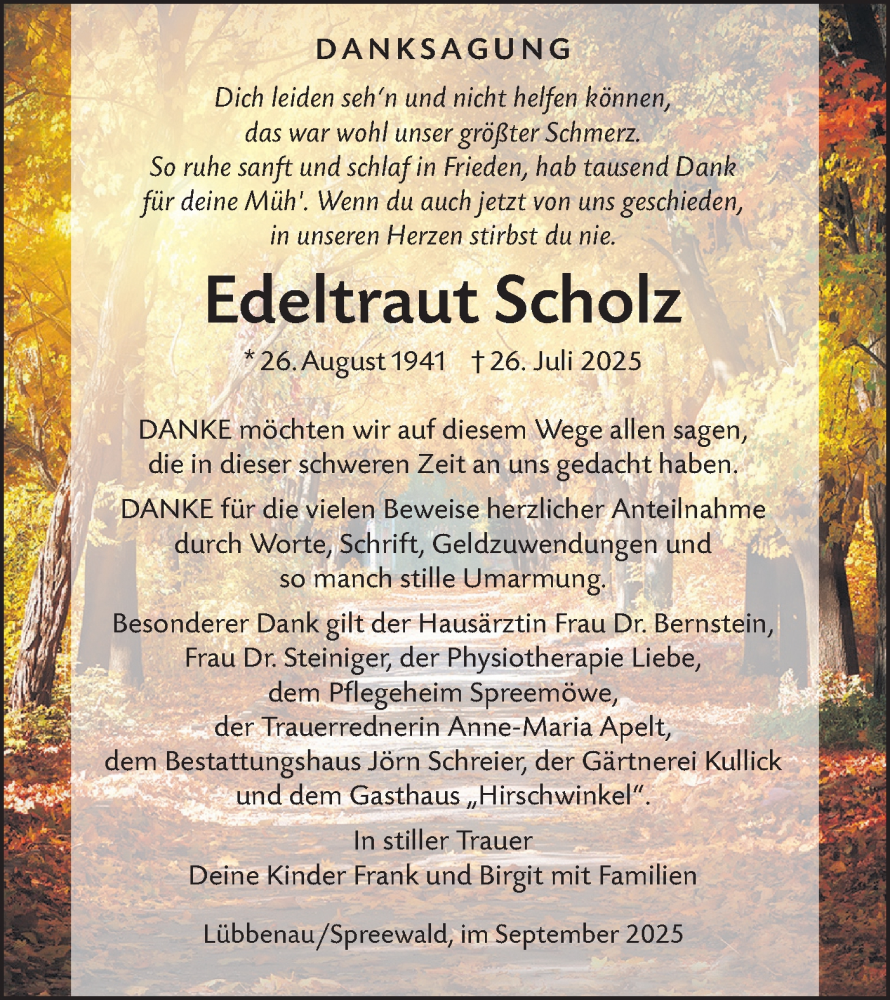  Traueranzeige für Edeltraut Scholz vom 27.09.2025 aus Lausitzer Rundschau