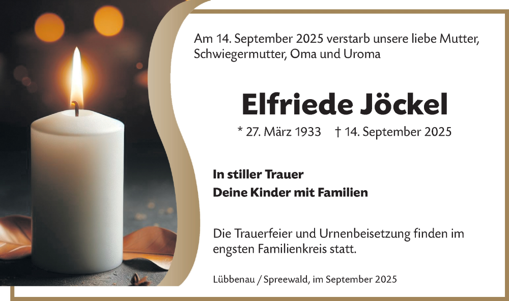  Traueranzeige für Elfriede Jöckel vom 27.09.2025 aus Lausitzer Rundschau