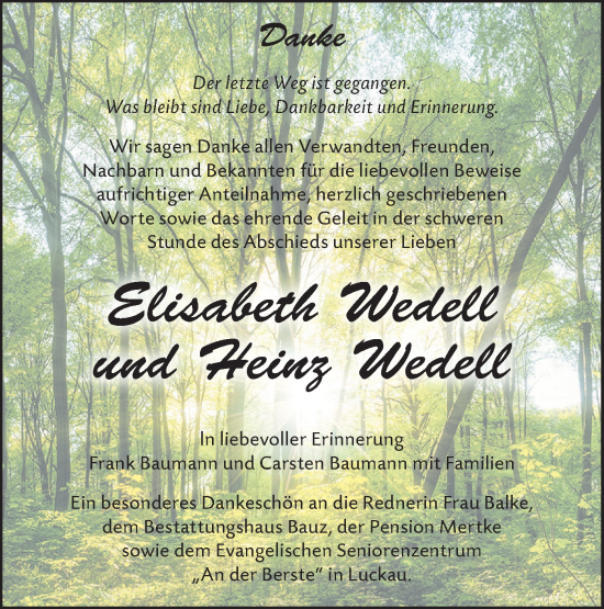 Traueranzeige von Elisabeth und Heinz Wedell von Lausitzer Rundschau