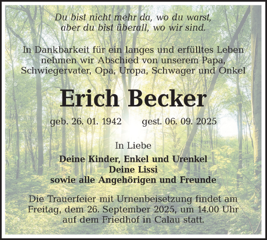 Traueranzeige von Erich Becker von Lausitzer Rundschau