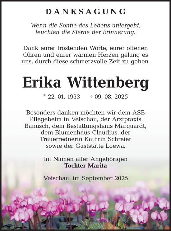 Traueranzeige von Erika Wittenberg von Lausitzer Rundschau