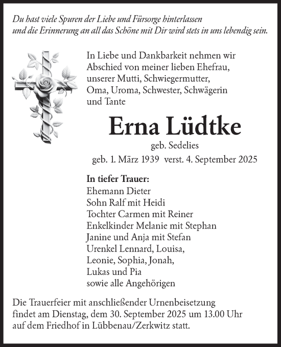Traueranzeige von Erna Lüdtke von Lausitzer Rundschau