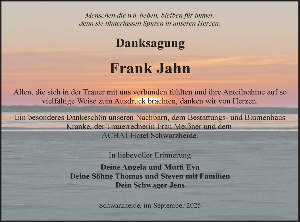  Traueranzeige für Frank Jahn vom 20.09.2025 aus Lausitzer Rundschau