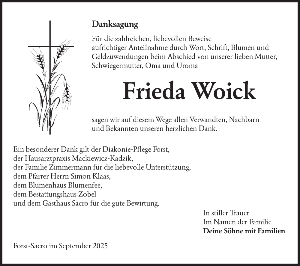  Traueranzeige für Frieda Woick vom 27.09.2025 aus Lausitzer Rundschau