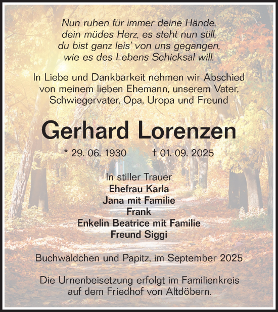 Traueranzeige von Gerhard Lorenzen von Lausitzer Rundschau