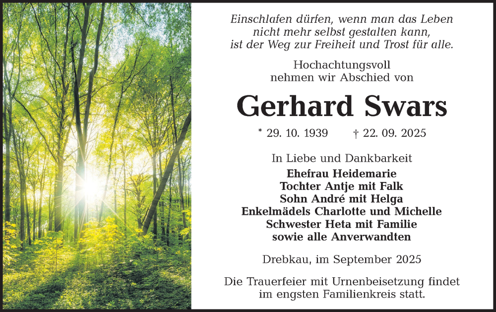 Traueranzeige für Gerhard Swars vom 27.09.2025 aus Lausitzer Rundschau