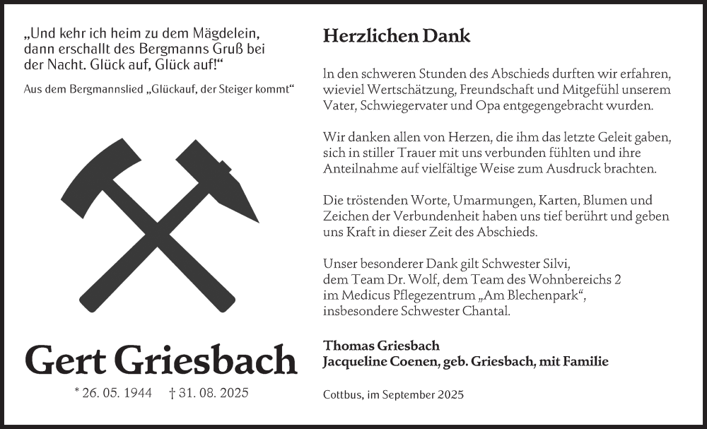  Traueranzeige für Gert Griesbach vom 27.09.2025 aus Ausg. LR Spreewald RS