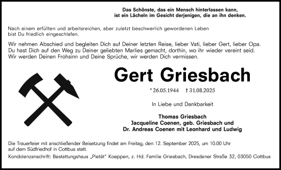 Traueranzeige von Gert Griesbach von Ausg. LR Spreewald RS