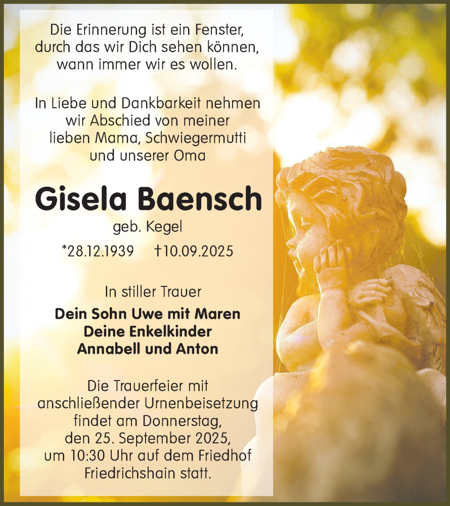  Traueranzeige für Gisela Baensch vom 20.09.2025 aus Lausitzer Rundschau