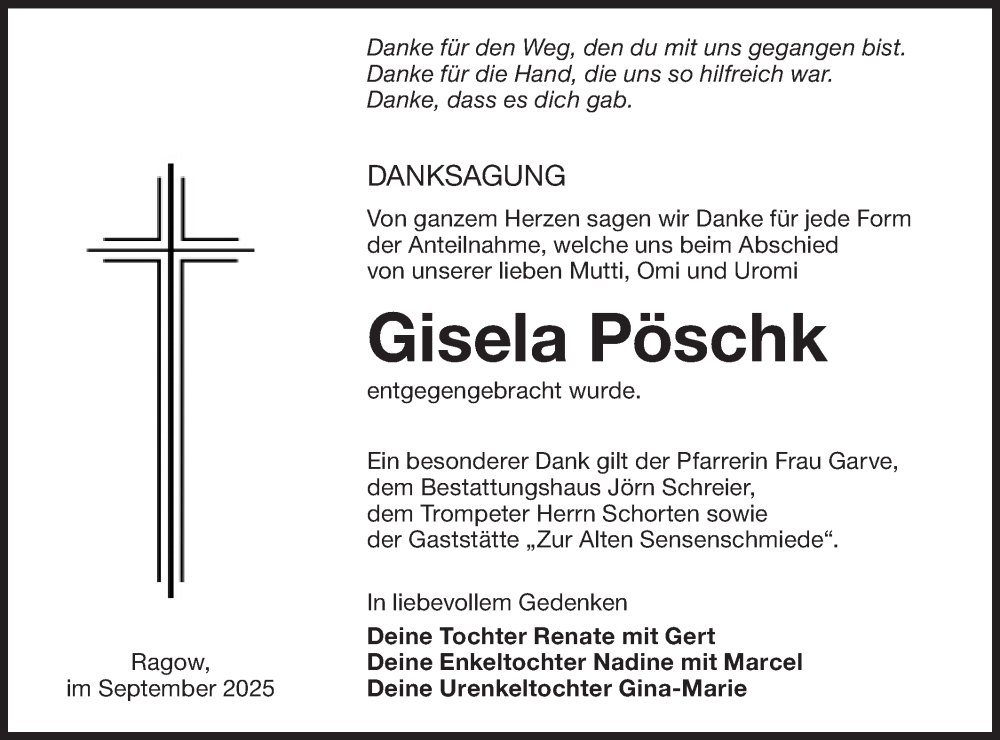  Traueranzeige für Gisela Pöschk vom 27.09.2025 aus Ausg. LR Spreewald RS