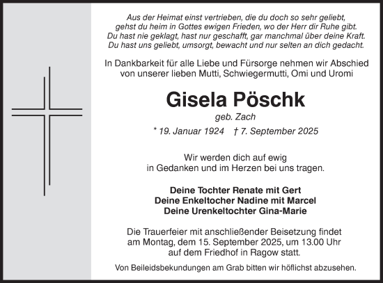 Traueranzeige von Gisela Pöschk von Ausg. LR Spreewald RS