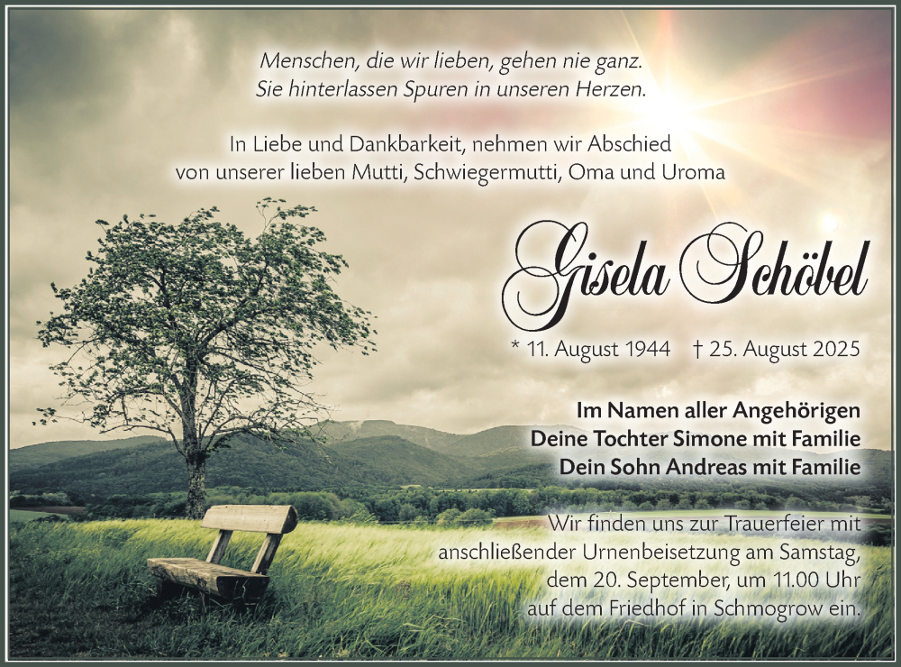  Traueranzeige für Gisela Schöbel vom 13.09.2025 aus Lausitzer Rundschau