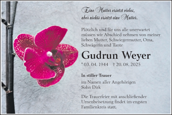Traueranzeige von Gudrun Weyer von Lausitzer Rundschau
