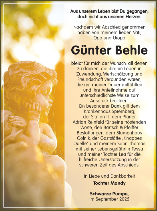 Traueranzeige von Günter Behle von Lausitzer Rundschau