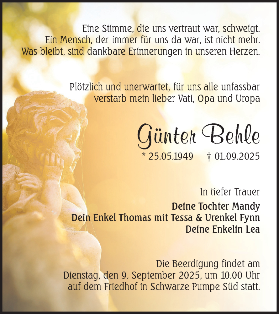  Traueranzeige für Günter Behle vom 06.09.2025 aus Lausitzer Rundschau