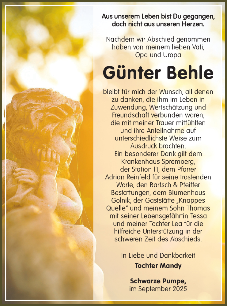  Traueranzeige für Günter Behle vom 27.09.2025 aus Lausitzer Rundschau