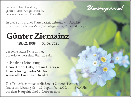 Traueranzeige von Günter Ziemainz von Lausitzer Rundschau