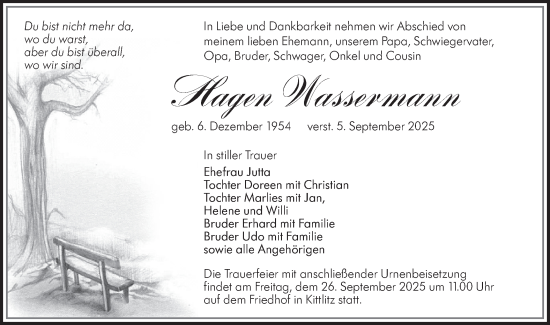 Traueranzeige von Hagen Wassermann von Ausg. LR Spreewald RS