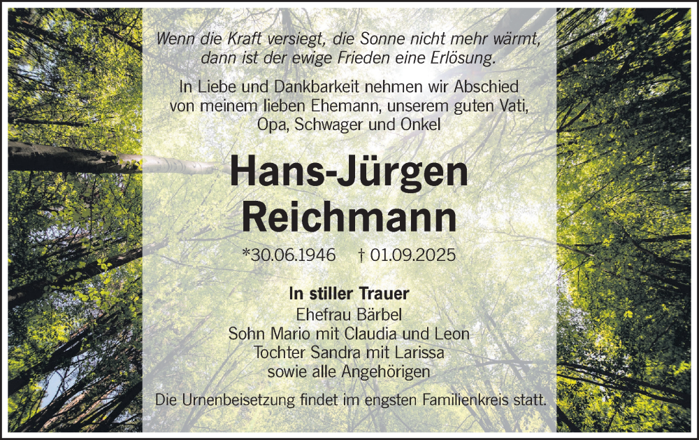  Traueranzeige für Hans-Jürgen Reichmann vom 13.09.2025 aus Lausitzer Rundschau