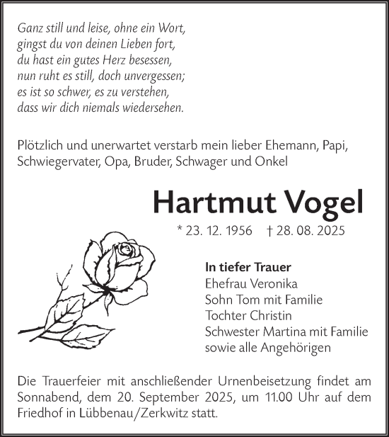 Traueranzeige von Hartmut Vogel von Lausitzer Rundschau