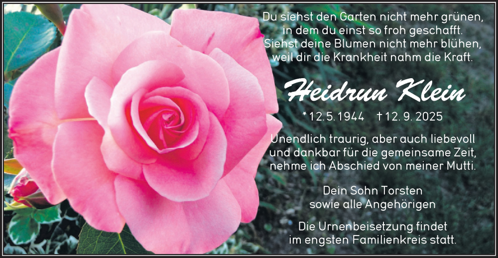  Traueranzeige für Heidrun Klein vom 27.09.2025 aus Lausitzer Rundschau